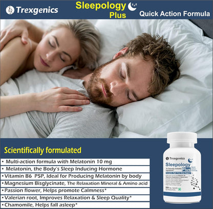 Trexgenics SLEEPOLOGY PLUS Melatonin 10 mg Sleep Support with Magnesium bisglyciante, P5P, Chamomile, Passion flower, Valerian VEGAN & NON-GMO (30 Veg. Capsules) (Pack of 1)
