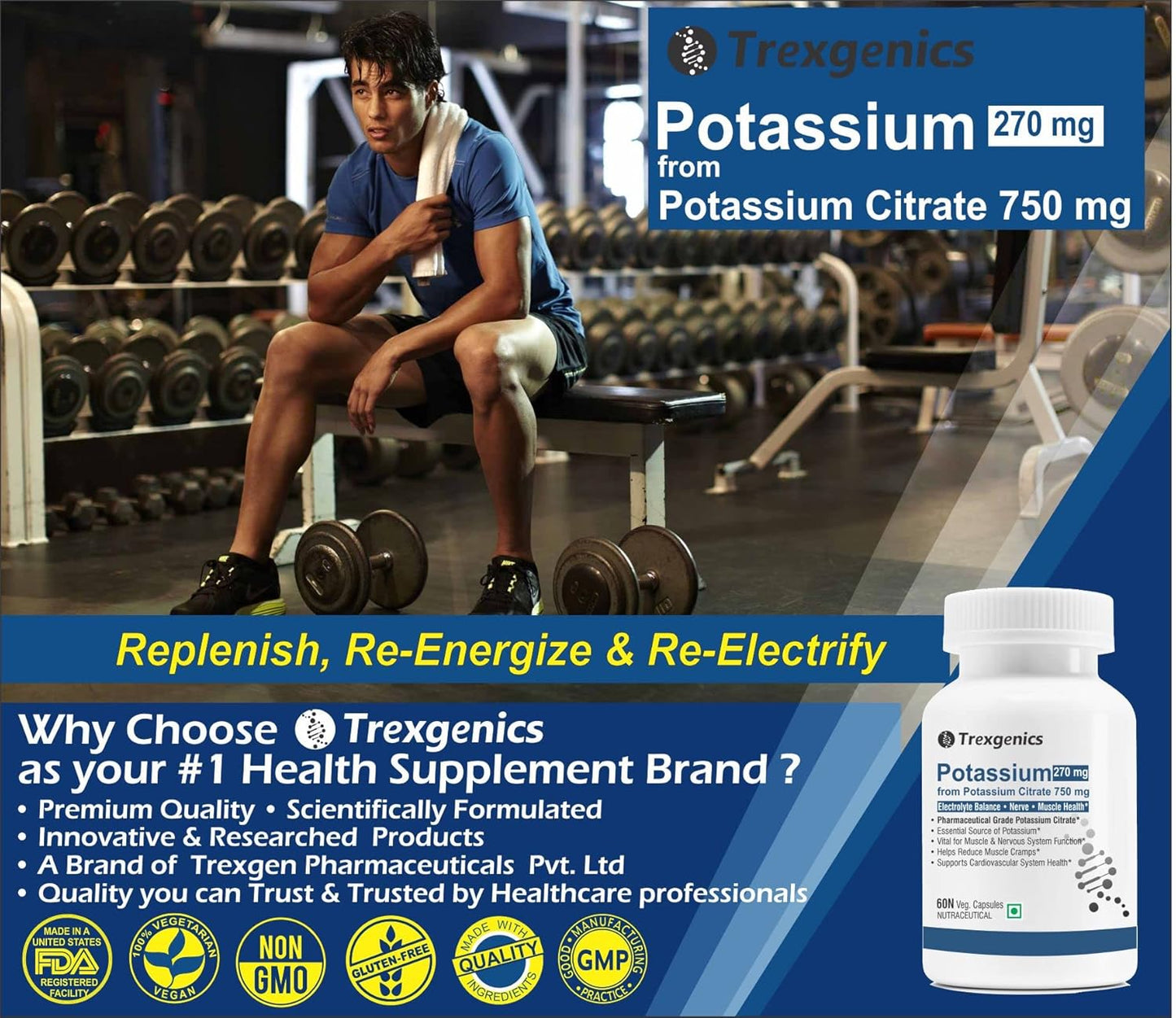 Trexgenics POTASSIUM CITRATE 750 mg Pharmaceutical Grade Electrolyte Balance, Nerve & Muscle Health VEGAN & NON-GMO (60 Vcaps) (Pack of 1)