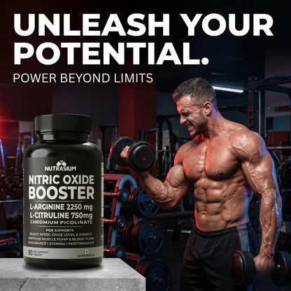Nutrasium Nitric Oxide Supplement For Man | 2250 mg L-Arginine, 750 mg L-Citrulline with Chromium Picolinate For Supports Nitric Oxide Level, Improve Muscle Pump & Blood Flow, Boost Endurance, Stamina & Performance | 45 veg Tablets.