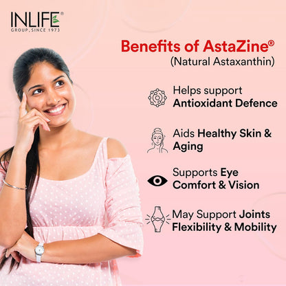 INLIFE Astaxanthin 4 mg Supplement AstaZine | Natural Antioxidant Supplement with Vitamin A, D3 & E â€“ High Absorption Formula â€“ 30 Liquid Filled Vegetarian Capsules
