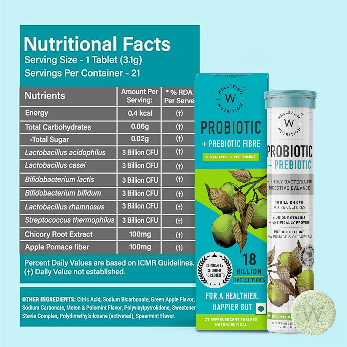 Wellbeing Nutrition Daily Probiotics + Prebiotics | Improve Metabolism, Acidity Relief, Digestion & Gut Health | 18 Billion CFU Organic Probiotics Supplement for Men & Women (21 Effervescent Tabs)