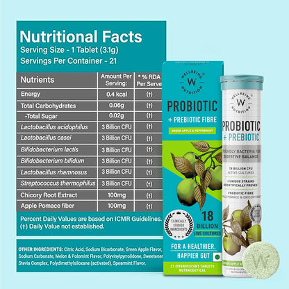 Wellbeing Nutrition Daily Probiotics + Prebiotics | Improve Metabolism, Acidity Relief, Digestion & Gut Health | 18 Billion CFU Organic Probiotics Supplement for Men & Women (21 Effervescent Tabs)
