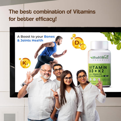 HEALTH VEDA ORGANICS PRIVATE LIMITED Vitamin D3 (600 IU) + Vitamin K2 as Mk7 (55Mcg) | 60 Veg Tablets | Supports Healthy Bones, Boosts Immune System | For Men & Women