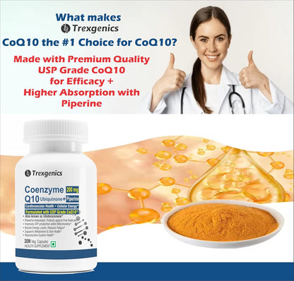 Trexgenics COENZYME Q10 200 mg USP grade Ubiquinone (Ubidecarenone) with Piperine 8 mg Antioxidant, Cellular Energy, Heart Health (30 Veg Capsules)