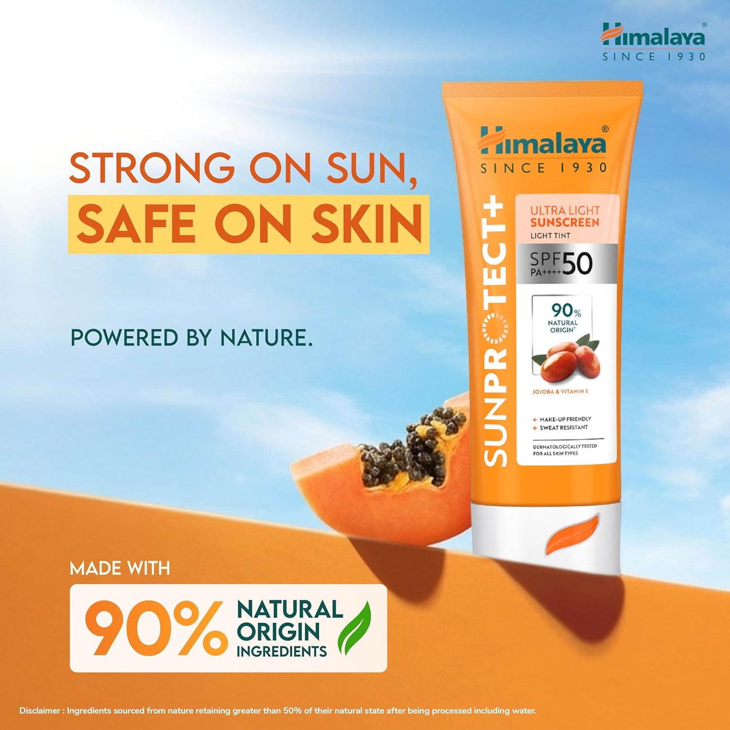 Himalaya Sun Protect+ Ultra Light Sunscreen | Light tint Cream| 90% Natural Origin Ingredients | In vivo tested SPF 50 PA++++ | Dermatologically tested for all skin types | No white cast | Make up friendly | Sweat Resistant | 50g
