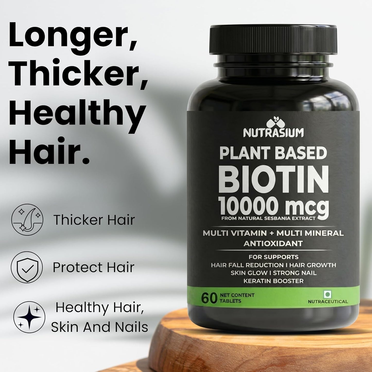Nutrasium Plant Based Biotin, Collagen Booster, Keratin Builder with Amino Acid and Minerals | For Hair, Skin & Nail Radiance | Hair Vitamin (Biotin Collagen Booster Blend- 60 Tablets)