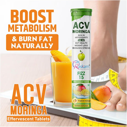 Apple Cider Vinegar (ACV) Moringa | Master Your Appetite & Boost Immunity | Natural Energy with Antioxidants | No Added Sugar | Tropical Mango Flavor | 15 Fizz Tablets (500mg) Pack of 1