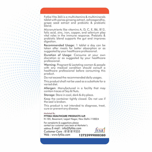 Fytika Vita 365-60 Tablets (Pack of 1) | Multivitamin For Men and Women | With Ashwagandha, Ginseng, Probiotics & Prebiotics and Biotin| Enhances Energy, Immunity and Digestion