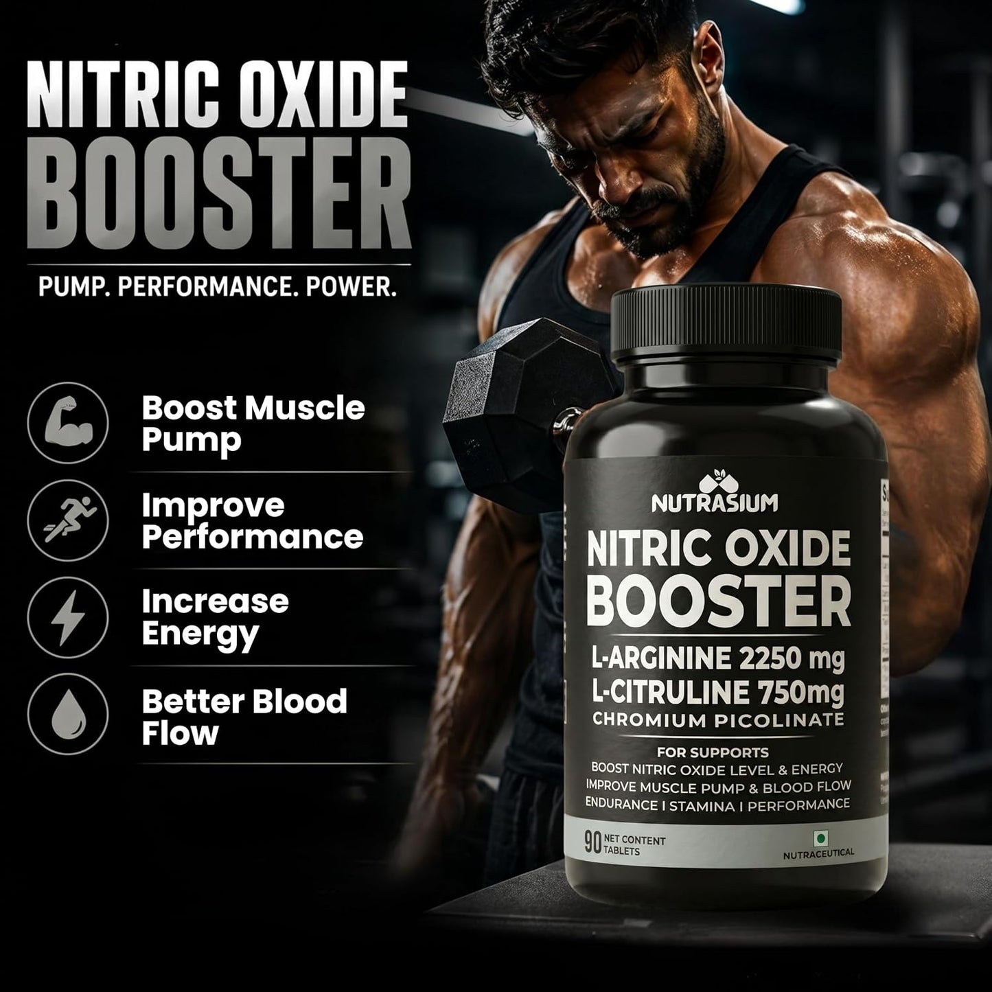 Nutrasium Nitric Oxide Supplement For Man | 2250 mg L-Arginine, 750 mg L-Citrulline with Chromium Picolinate For Supports Nitric Oxide Level, Improve Muscle Pump & Blood Flow, Boost Endurance, Stamina & Performance | 45 veg Tablets.