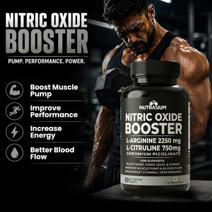 Nutrasium Nitric Oxide Supplement For Man | 2250 mg L-Arginine, 750 mg L-Citrulline with Chromium Picolinate For Supports Nitric Oxide Level, Improve Muscle Pump & Blood Flow, Boost Endurance, Stamina & Performance | 90 veg Tablets.