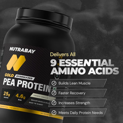 NUTRABAY Gold 100% Pea Protein Powder - 1kg, French Vanilla | 25g Protein, 4.6g BCAA, 5g Fiber | Complete Amino Profile | Tastiest & Smoothest Vegan, Plant Protein | Muscle Gain & Fast Recovery