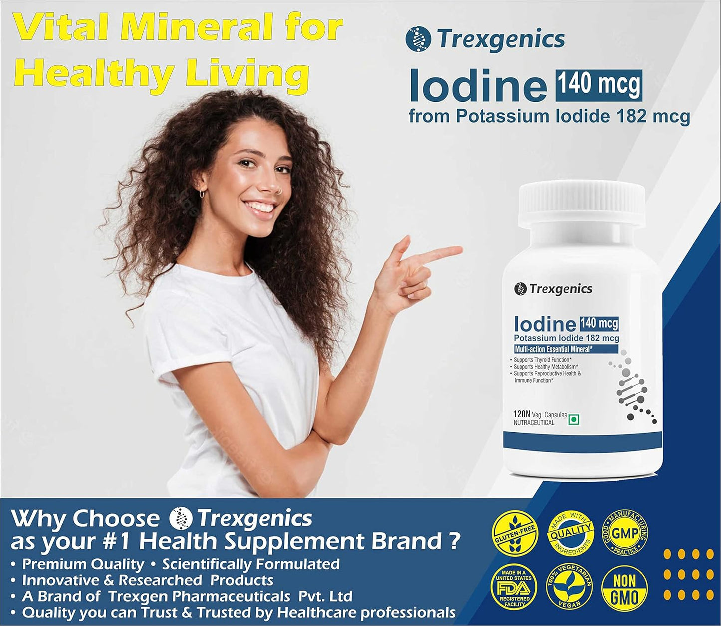 Trexgenics Iodine 140 mcg from Potassium Iodide Multi-Action Mineral for Thyroid Function, Metabolism, Immunity (120 Veg. Capsules)