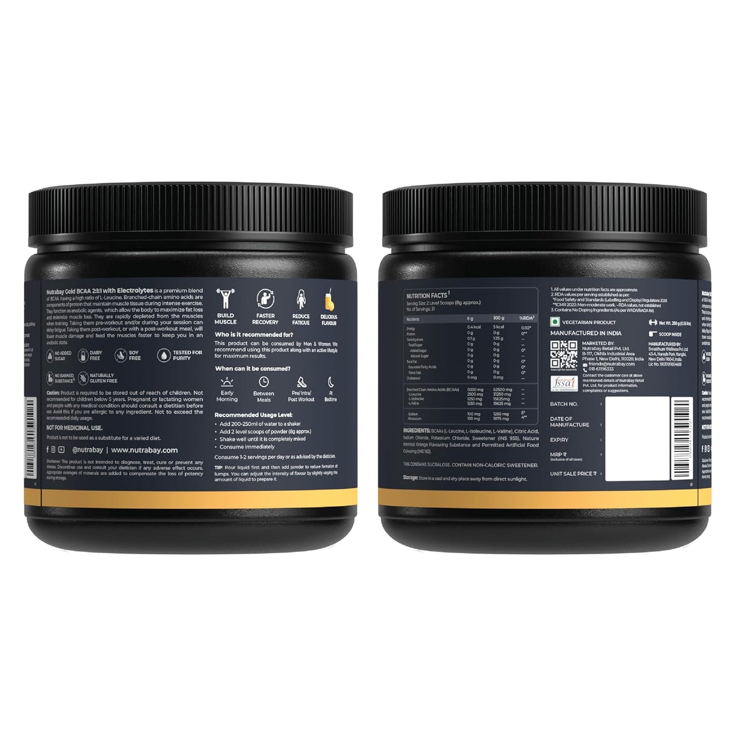 Nutrabay Gold BCAA 2:1:1 with Electrolytes 5000 mg Vegan BCAAs per Serving â€“ Pre/Post Workout Energy Drink for Muscle Build Up, Faster Recovery - Tested for Purity - No Banned Substancesâ€“ 250g, Orange