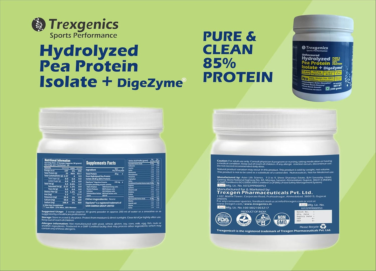 Trexgenics HYDROLYZED PEA PROTEIN ISOLATE UNFLAVOURED, Pure & Clean 25gm PROTEIN, 4.5 gm BCAA, 9 gm EAA with DigeZyme Digestive enzyme Complex, Muscle Growth 10 Servings (300 gram)