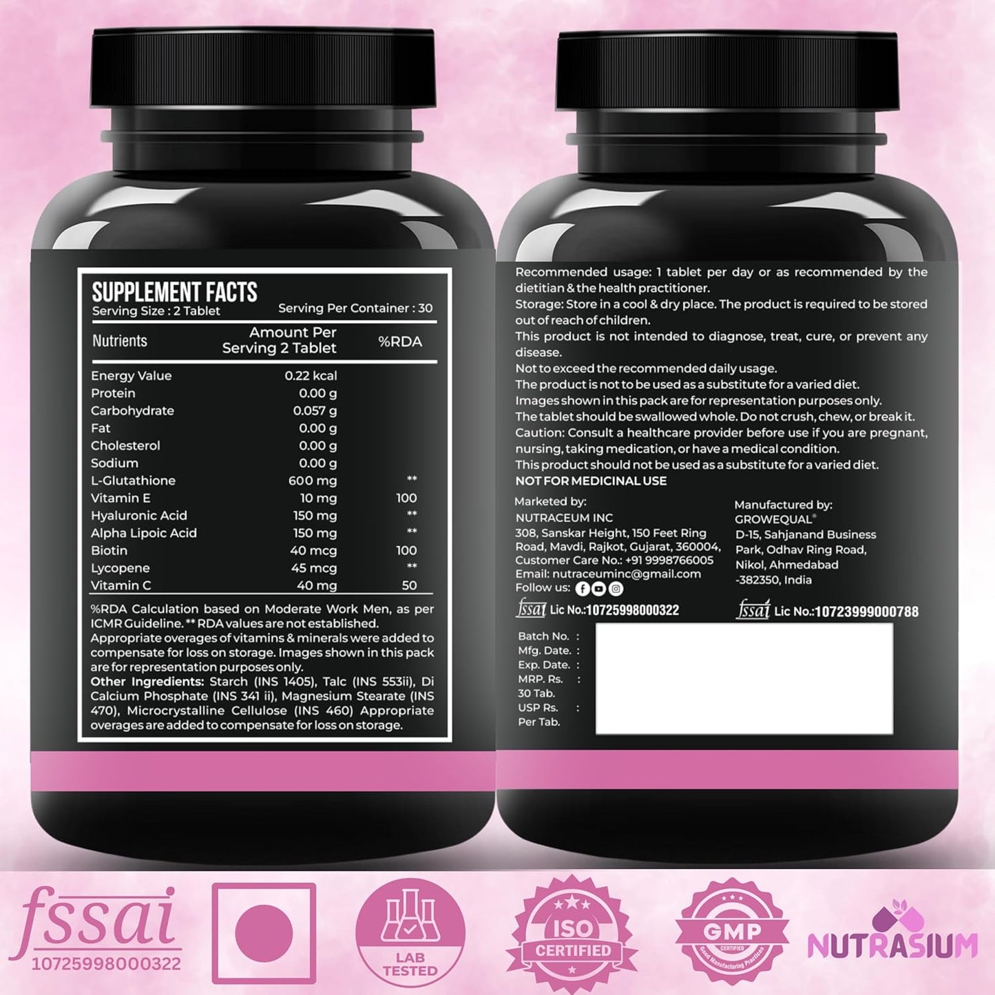 Nutrasium L-Glutathione 600 mg with Hyaluronic Acid & Biotin | For Skin Glow, Brightening, Hydration, & Skin Radiance, Reduce Dark Spot & Pigmentation | 30 Tablets