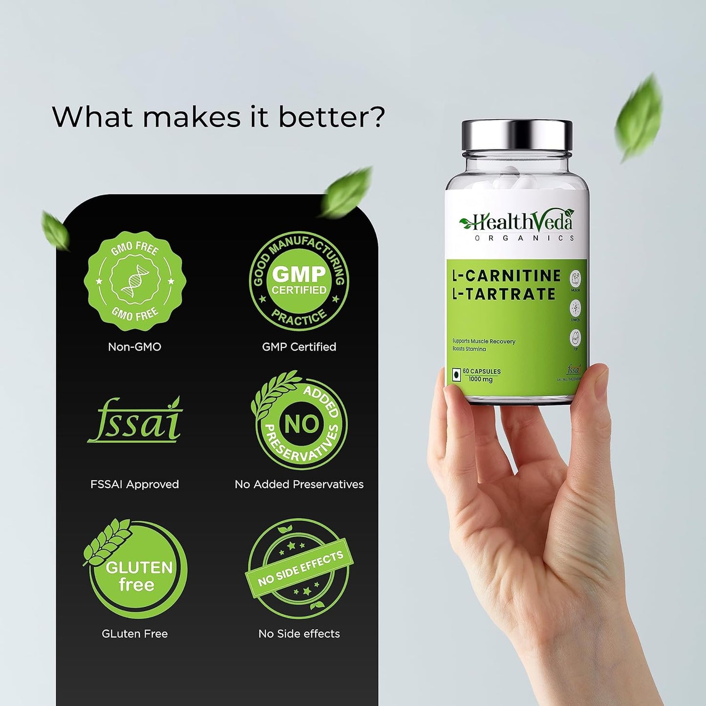 Health Veda Organics L Carnitine L-Tartrate, 1000mg | Pre-Workout Supplements | Supports Muscle Recovery & Endurance | For Both Men & Women I 60 Veg Capsules