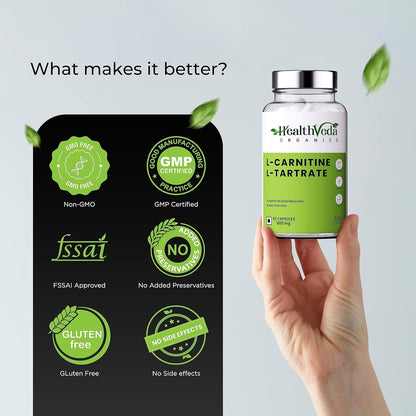 Health Veda Organics L Carnitine L-Tartrate, 1000mg | Pre-Workout Supplements | Supports Muscle Recovery & Endurance | For Both Men & Women I 60 Veg Capsules