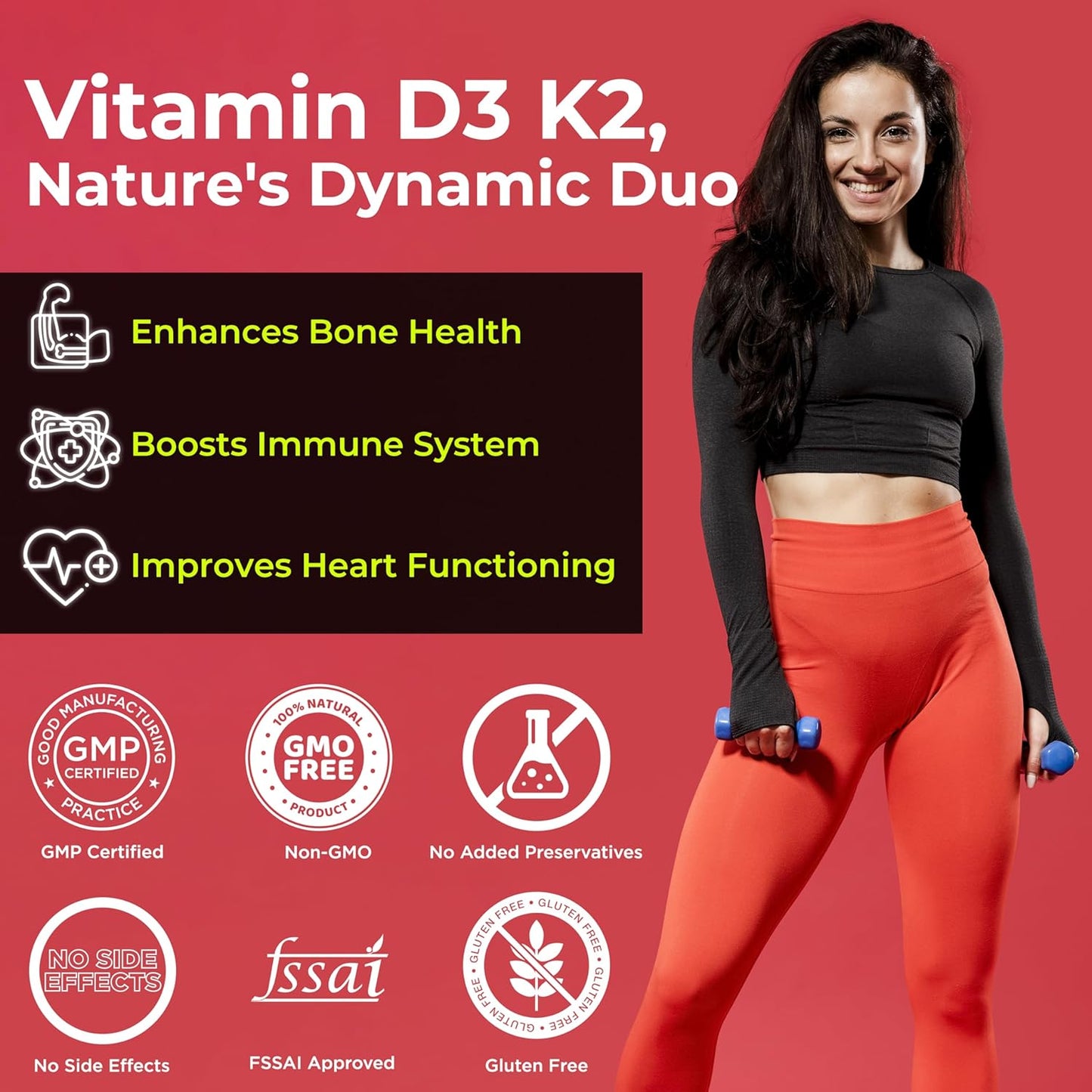 HEALTH VEDA ORGANICS PRIVATE LIMITED Vitamin D3 (600 IU) + Vitamin K2 as Mk7 (55Mcg) | 60 Veg Tablets | Supports Healthy Bones, Boosts Immune System | For Men & Women