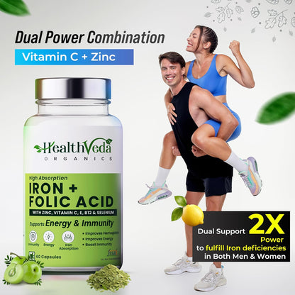 HEALTH VEDA ORGANICS PRIVATE LIMITED Chelated Iron Folic Acid Supplement With Zinc, Vitamin C & B12, Zinc & Spinach Leaves | Hemoglobin, Boost Immunity & Maintains Iron Level | 60 Veg Capsules