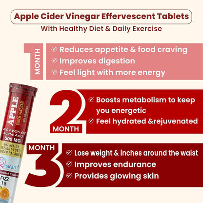 Apple Cider Vinegar 15 Effervescent Tablet 500mg (Pack of 1) Helps in Weight Management Digestion & Sugar Balance Orange Flavour 100% Vegan