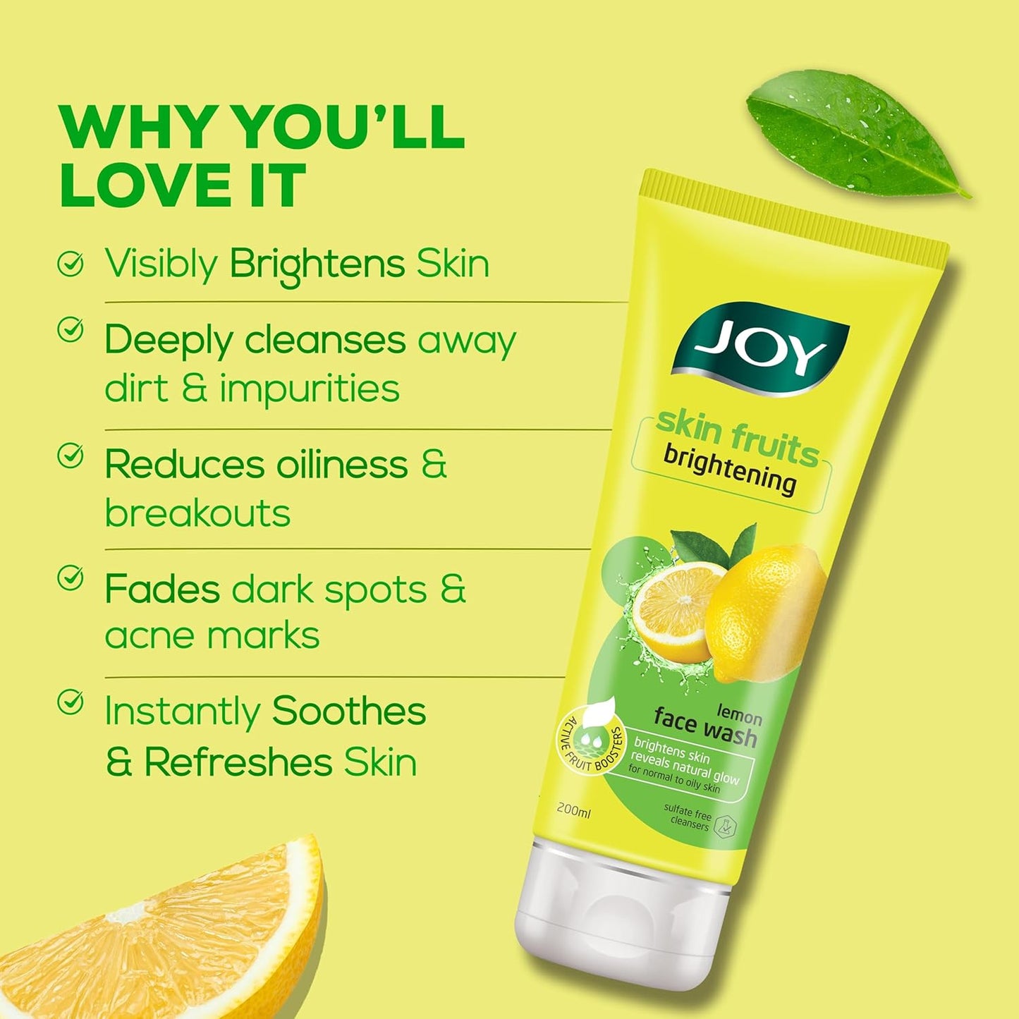Joy Skin Fruits Lemon Brightening Face Wash 200ml | with Vitamin C for Glowing Skin | Reduces Dark Spots, Removes Excess Oil & Dirt | For Normal to Oily Skin