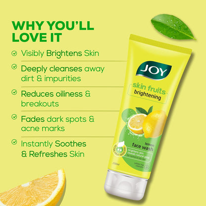 Joy Skin Fruits Lemon Brightening Face Wash 200ml | with Vitamin C for Glowing Skin | Reduces Dark Spots, Removes Excess Oil & Dirt | For Normal to Oily Skin