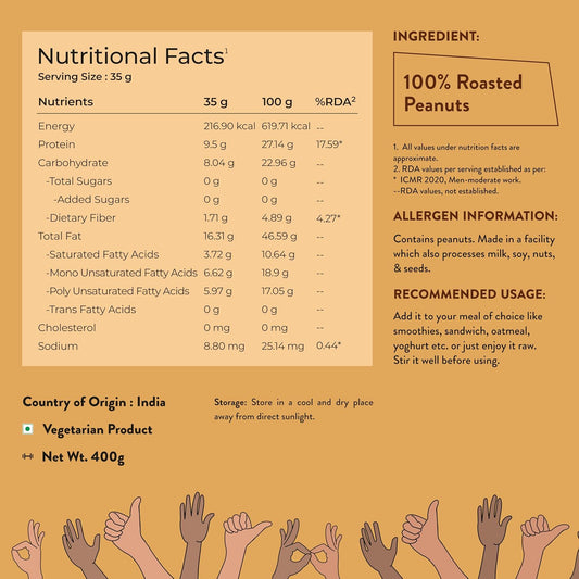 Nutrabay Foods All-Natural Peanut Butter (Creamy) - Unsweetened, 400g | 100% Roasted Peanuts, 28g Protein, Zero Cholesterol, Vegan, Gluten Free, Non GMO