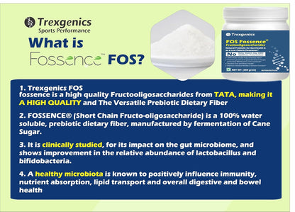 Trexgenics FOS FOSSENCE FRUCTOOLIGOSACCHARIDES PURE POWDER Prebiotic Soluble Fibres for Gut Health, Low Calorie Natural Sweetener (Fossence FOS (250 gram))