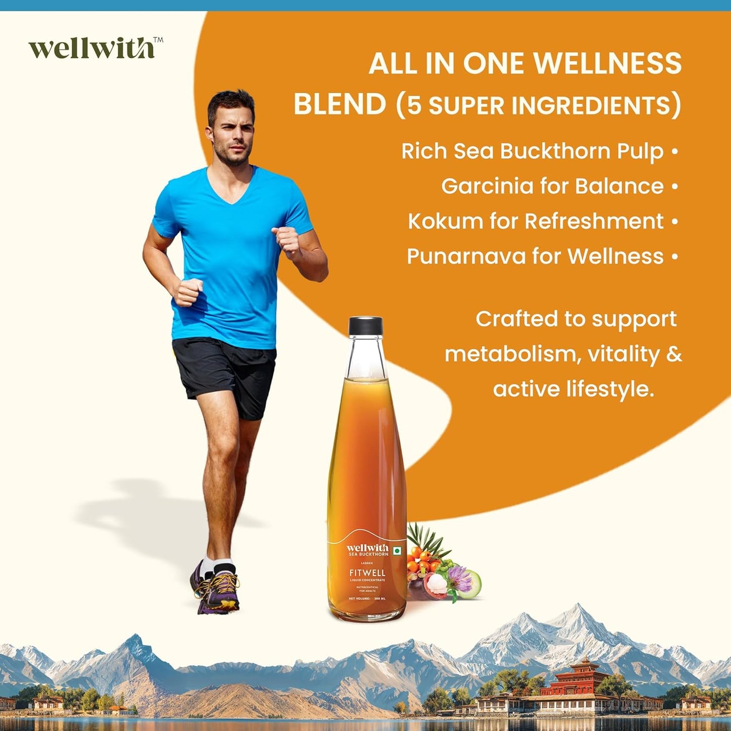 Wellwith by Ayuzera Sea Buckthorn Fitwin(Fitwell) Juice 300ml | Makes 50 Glasses | Natural Vitamin C, Omega 3 6 7 9, Antioxidants | Immunity, Skin Glow & Gut Health Support | Herbal Juice Supplement