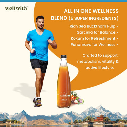 Wellwith by Ayuzera Sea Buckthorn Fitwin(Fitwell) Juice 300ml | Makes 50 Glasses | Natural Vitamin C, Omega 3 6 7 9, Antioxidants | Immunity, Skin Glow & Gut Health Support | Herbal Juice Supplement