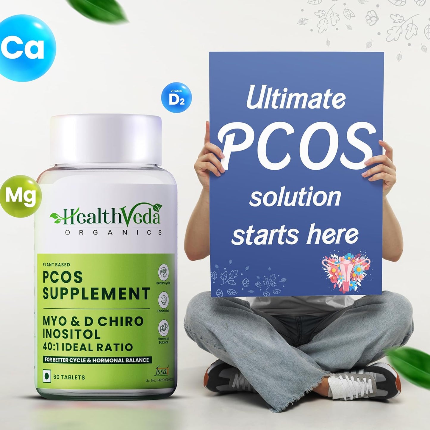 HEALTH VEDA ORGANICS PRIVATE LIMITED Plant Based Pcos With Myo-Inositol 2000Mg, D-Chiro-Inositol 50Mg|60 Veg Tablets|Healthy Regular Menstruation|For Women