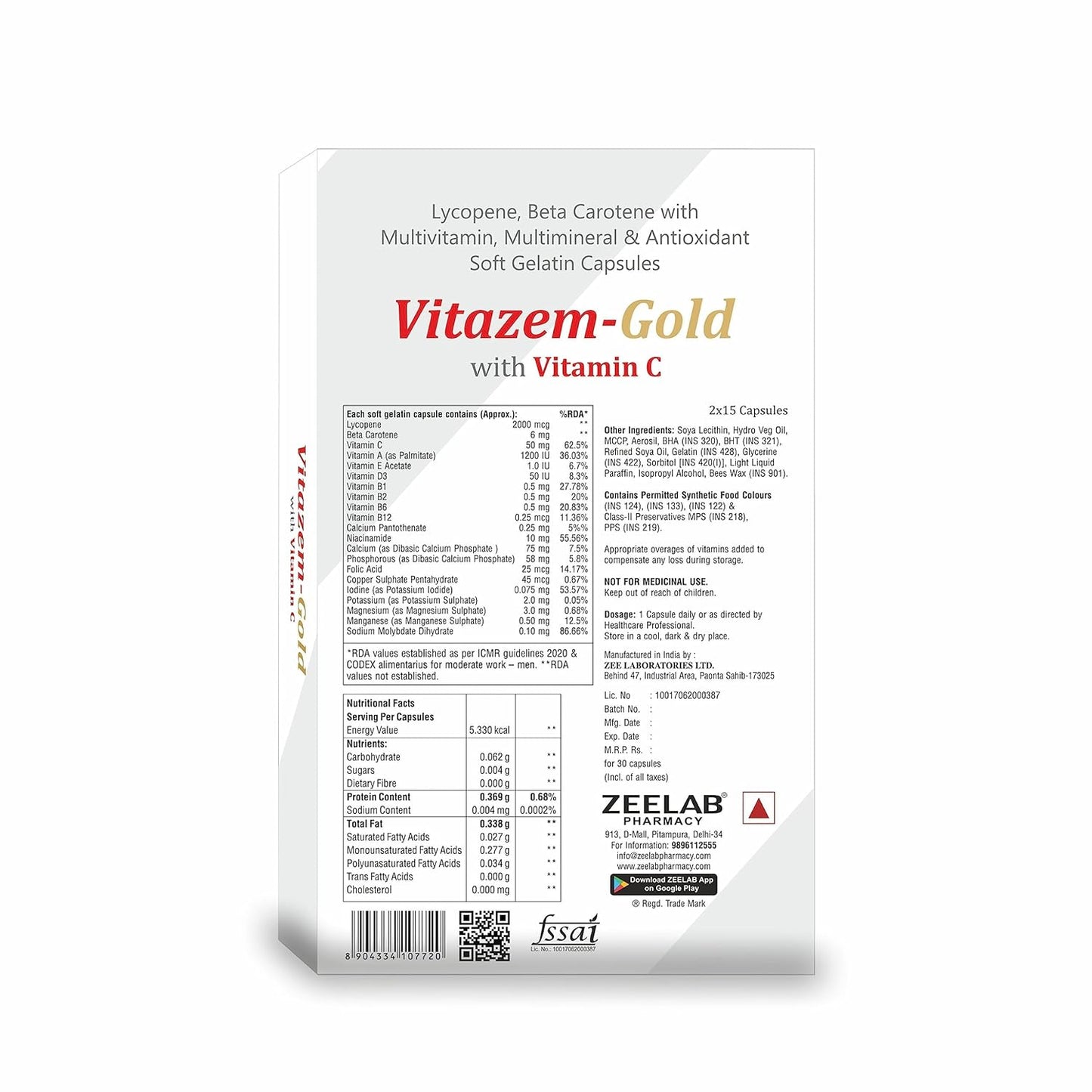 Zeelab Vitazem-Gold with Vitamin C, Multivitamin, Multimineral and Antioxidant Capsules - 30 Softgel Capsules