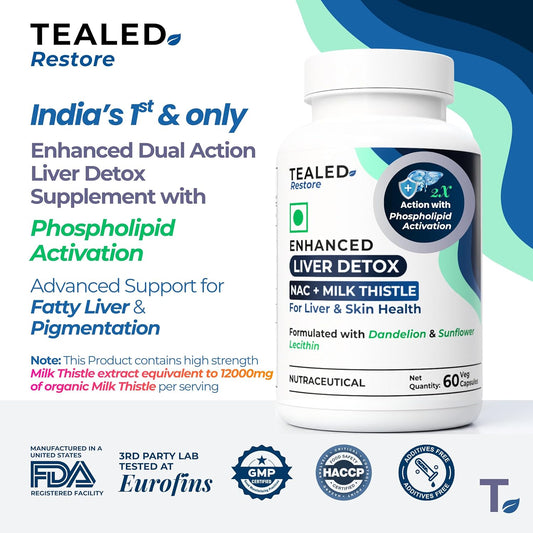 Tealed Restore Liver Detox Supplement | NAC 900mg + Milk Thistle 12000mg Equivalent | Phospholipid Activation for 2X Absorption | Fatty Liver, Skin Pigmentation & Liver Cleanse Support | 60 Veg Capsules | Additives Free | Lab Tested