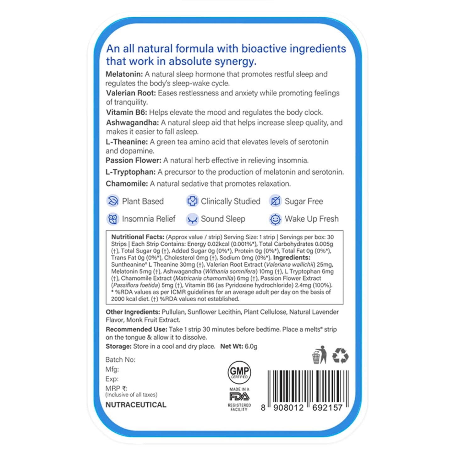 Wellbeing Nutrition melts Restful Sleep | Plant-Based Melatonin 5mg for Deep Sleep, Stress Relief | Clinically Proven, Safe & Non-Addictive with Chamomile, Tagara, L-Theanine | 30 Oral Thin Strips