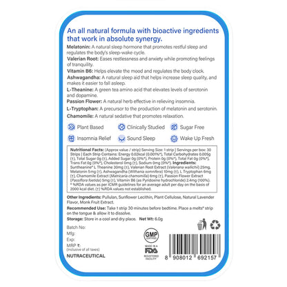 Wellbeing Nutrition melts Restful Sleep | Plant-Based Melatonin 5mg for Deep Sleep, Stress Relief | Clinically Proven, Safe & Non-Addictive with Chamomile, Tagara, L-Theanine | 30 Oral Thin Strips