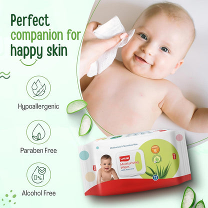 LuvLap Moisturising Wet Wipes with Lid For Baby Skin, Enriched with Aloe Vera, Vitamin E & Chamomile Extract, pH Balanced, Dermatologically Safe, Paraben & Sulphate Free, 72 Wipes