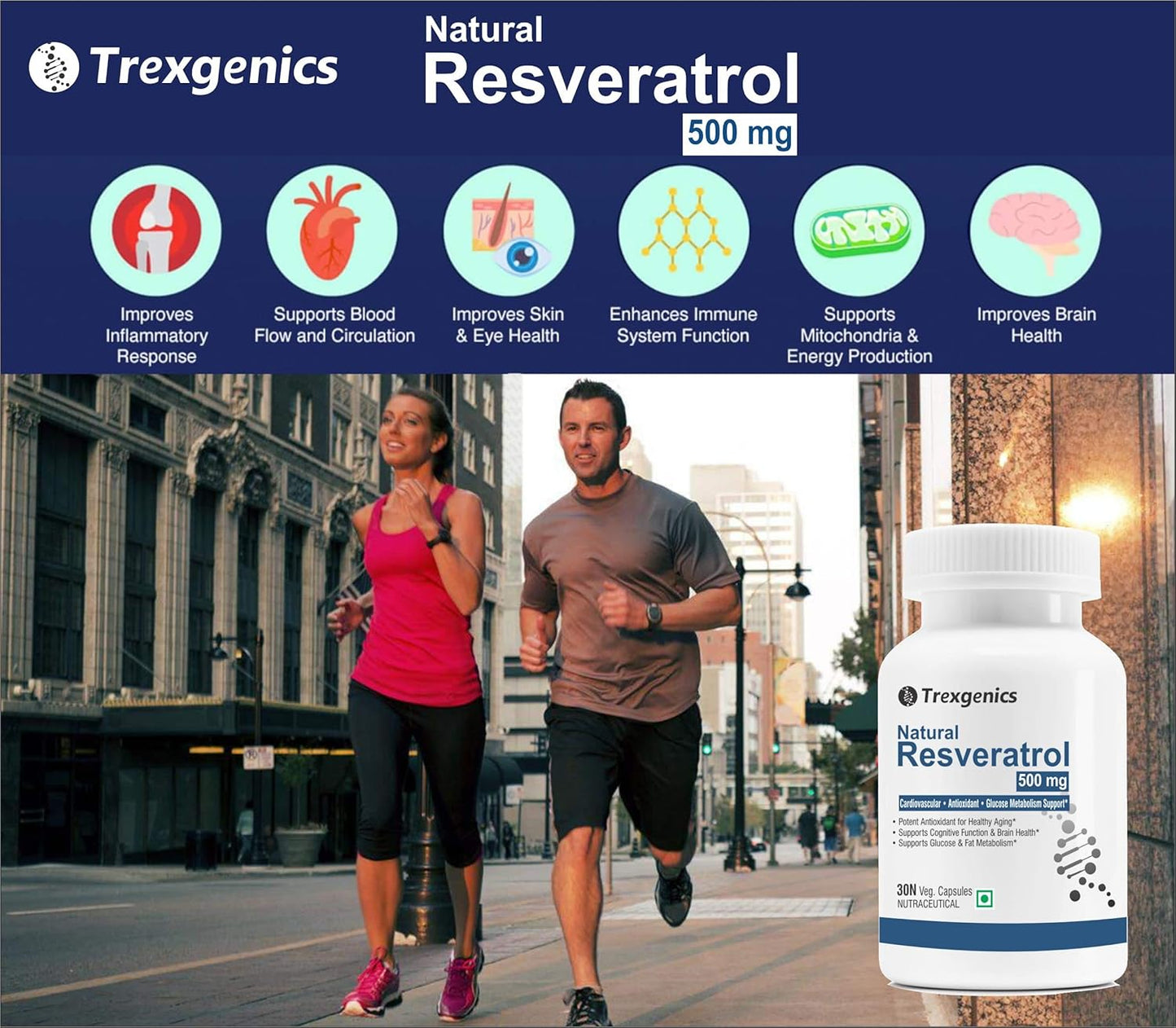 Trexgenics Natural RESVERATROL 500 mg Cardiovascular Health, Antioxidant & Glucose Metabolism VEGAN & NON-GMO (30 Veg. Capsules) (Pack of 1)