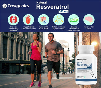 Trexgenics Natural RESVERATROL 500 mg Cardiovascular Health, Antioxidant & Glucose Metabolism VEGAN & NON-GMO (30 Veg. Capsules) (Pack of 1)