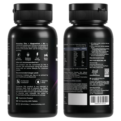 Nutrabay Pro Zinc Magnesium (ZMA) with 100% RDA Zinc, Magnesium Aspartate & Vitamin B6 â€“ Muscle Strength, Recovery, Better Sleep & Anxiety Relief â€“ 60 Veg Tablets | Tested for Purity