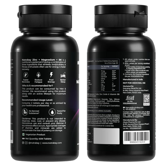 Nutrabay Pro Zinc Magnesium (ZMA) with 100% RDA Zinc, Magnesium Aspartate & Vitamin B6 â€“ Muscle Strength, Recovery, Better Sleep & Anxiety Relief â€“ 60 Veg Tablets | Tested for Purity
