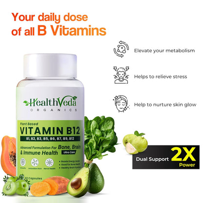 HEALTH VEDA ORGANICS PRIVATE LIMITED Plant Based Vitamin B12 Supplement, 60 Veg Capsules, B1, B2, B3, B5, B6, B7, B9, Moringa, Good For Digestion And Nerve Health, Glowing Skin For Men & Women