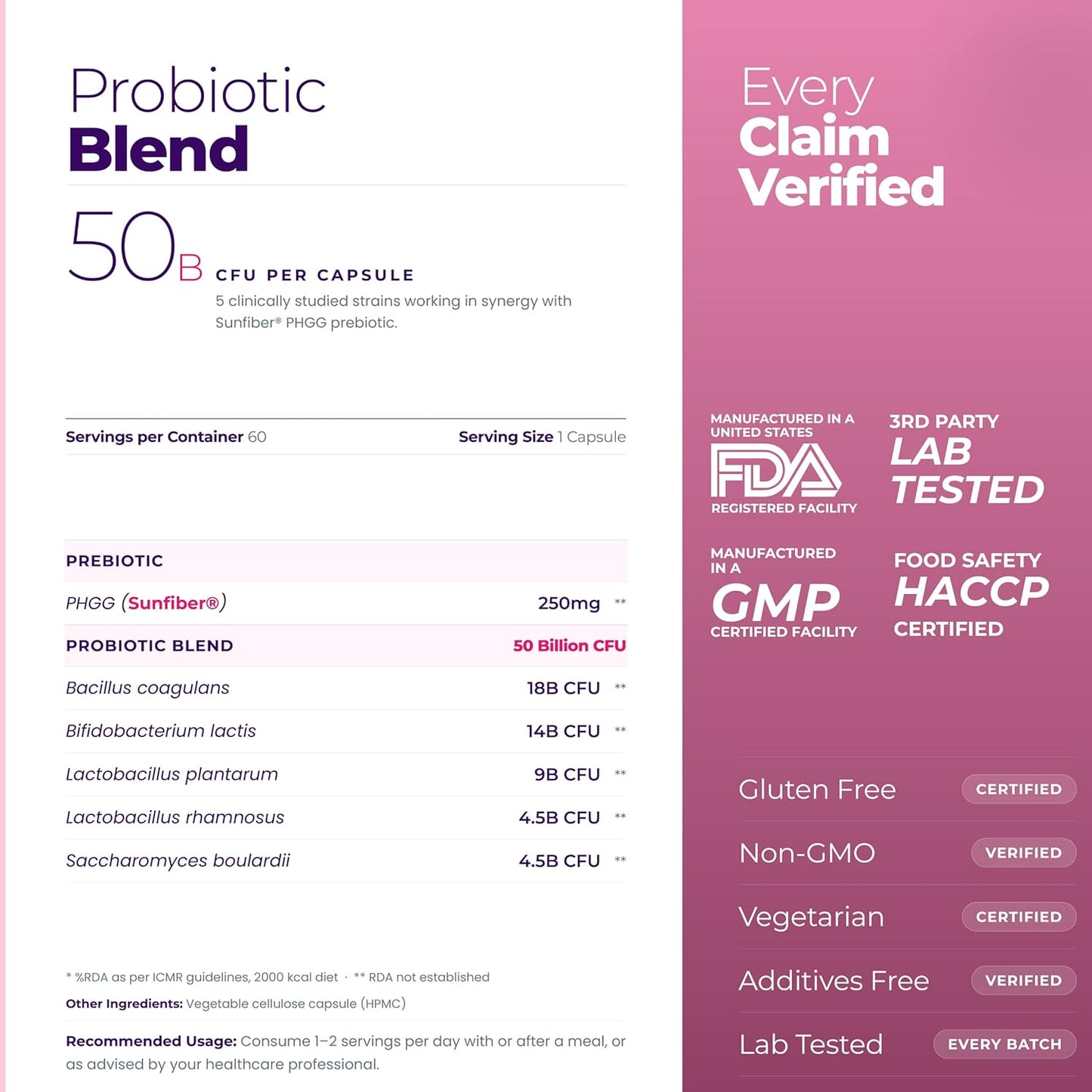Tealed Probiotic 50 Billion CFU | 5 Targated Strains + SunfiberÂ® (PHGG) | Japanese Clinical Prebiotic | Supports Constipation, IBS, Immunity, Gut Health & Bloating | For Men & Women | 60 Veg Caps