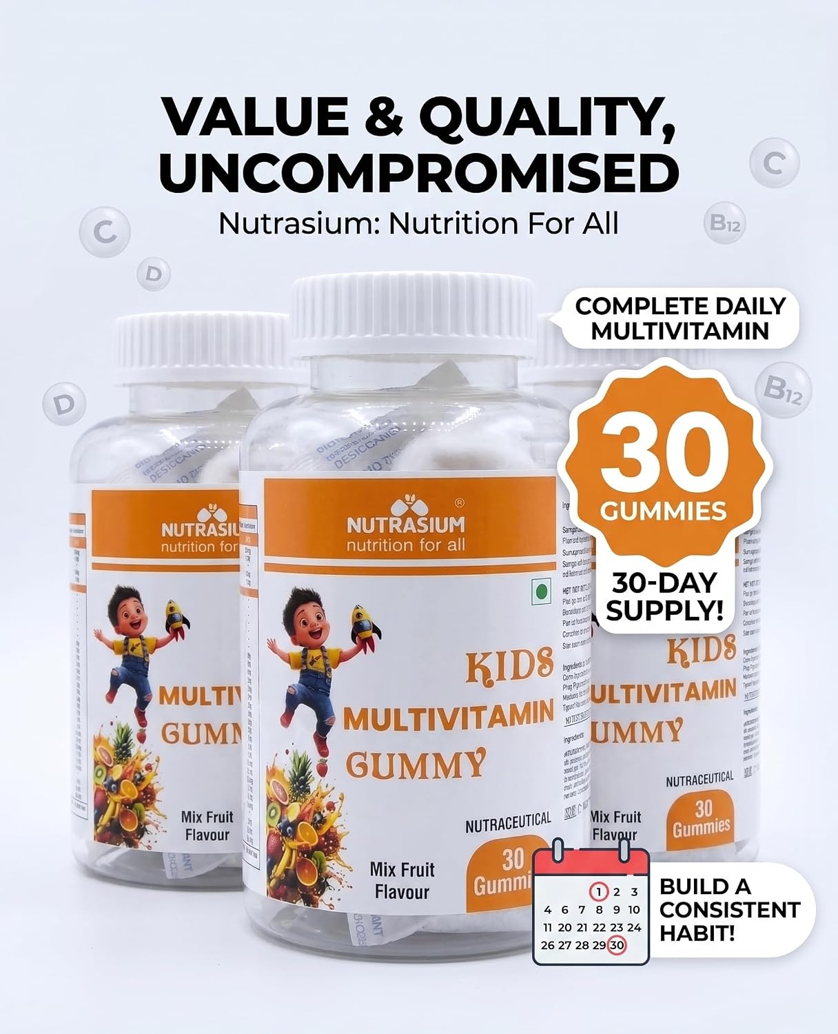 Nutrasium Multivitamin Gummies For Kids | With 14 Vitamins, 10 Minerals | Ashwagandha & Ginseng | 30 Day pack | Improves Immunity, Bone health & Brain Development | No Added Sugar | Mixed Fruit Flavour