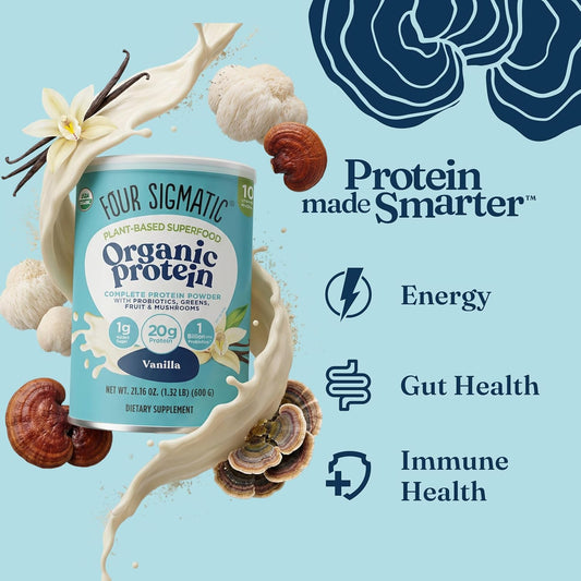 Four Sigmatic Organic Vegan Protein Powder | 18g Plant-Based Protein per Serving | Gluten Free, Dairy Free, Soy Free, Non-GMO with No Filler Ingredients | 21.16oz, 15 Servings | Vanilla