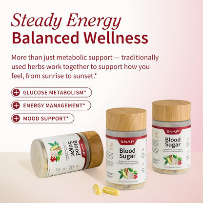 Snap Supplements Blood Sugar Blend with Berberine, CoQ10, Cinnamon, and Gymnema to Support Already Healthy Blood Sugar, Metabolic Health and Energy, Sugar Free, 60 Capsules (Packaging May Vary)