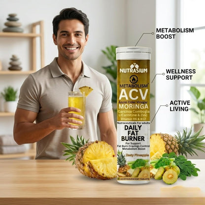 Nutrasium ACV Moringa Metabolism Plus | Apple Cider Vinegar Effervescent Tablet | For Supports Weight Loss, Control Cravings, Convert Fat Into Energy, Boost Energy & Immunity | 15 Tablets Pineapple