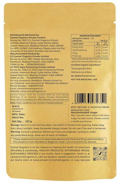 CARMEL ORGANICS Ashwagandha Root Powder (227 Grams)|Jaivik Bharat Certified|Pure|Natural|Helps Fight Anxiety & Stress|Ashwagandha Podi/Amukkara Kizhangu/Asvagandha Churna