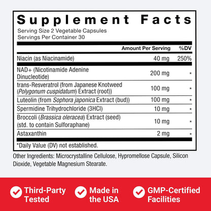 Force Factor NAD+ (NMN or Nicotinamide Riboside Alternative) with Resveratrol, Astaxanthin, Spermidine & Luteolin Complex, NAD to Support Cellular Health & Healthy Aging, 60 Capsules