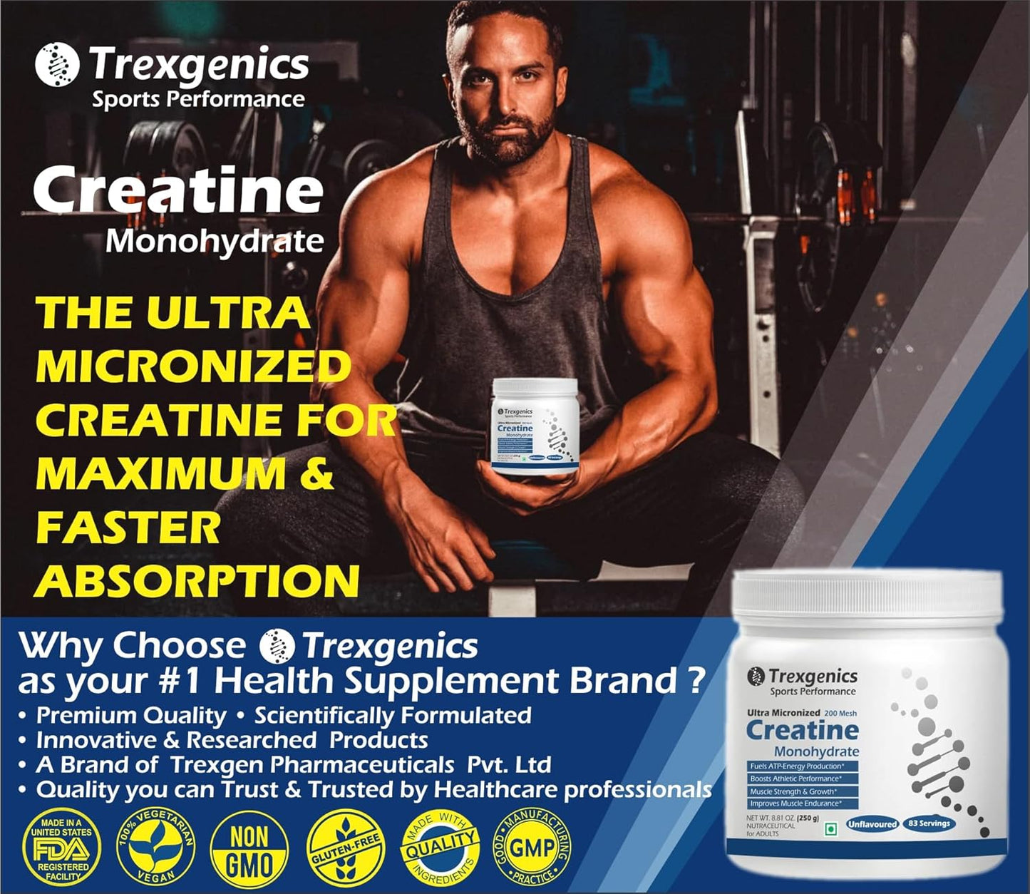 Trexgenics CREATINE MONOHYDRATE ULTRA MICRONIZED, Pure (83 Servings) Energy, Endurance, Sports Performance, Metabolism (250 gm)