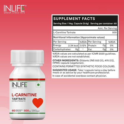 INLIFE L-Carnitine Tartrate Capsules 1000mg | Supports Muscle Health & Excercise Recovery | Supplement for Men Women - 60 Vegetarian Capsules (Pack of 1, 60)